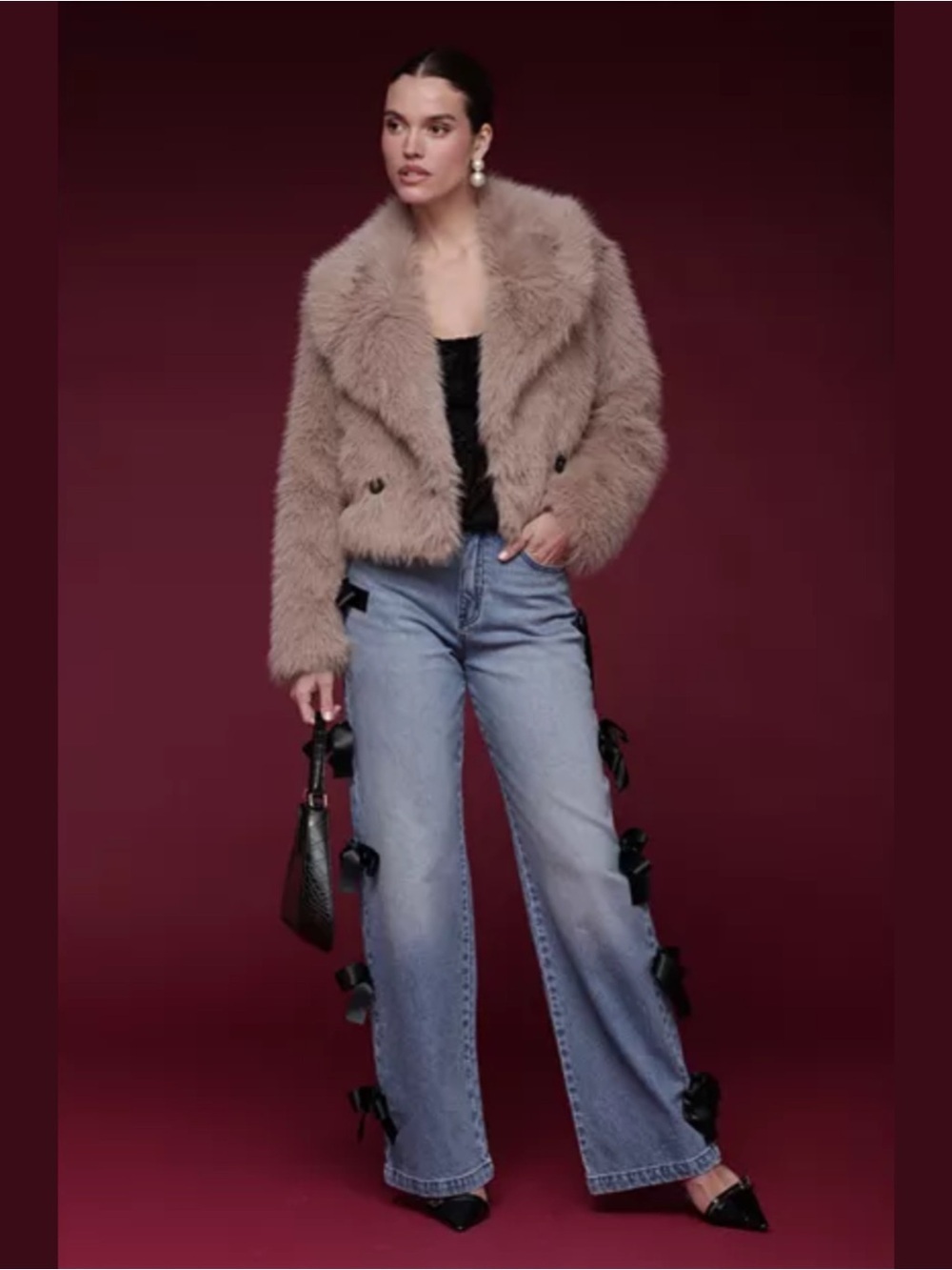 Avec Les Filles Cropped Faux Fur Coat Taupe M Double Breasted Plush Luxe Jacket